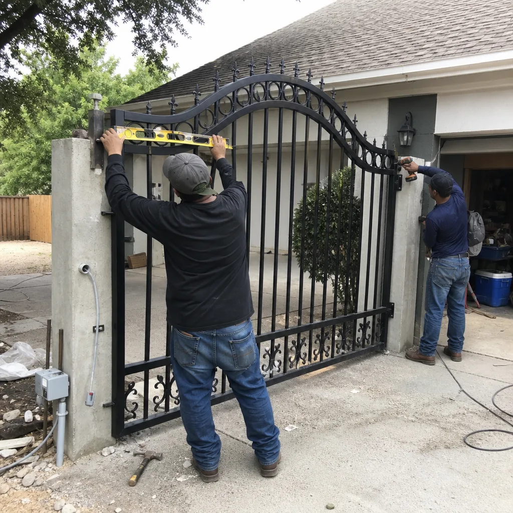 Professional technicians performing custom wrought iron gate installation on concrete pillars