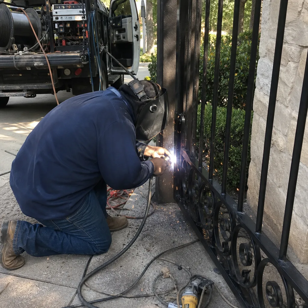 Professional welder performing on-site iron gate repair and maintenance.