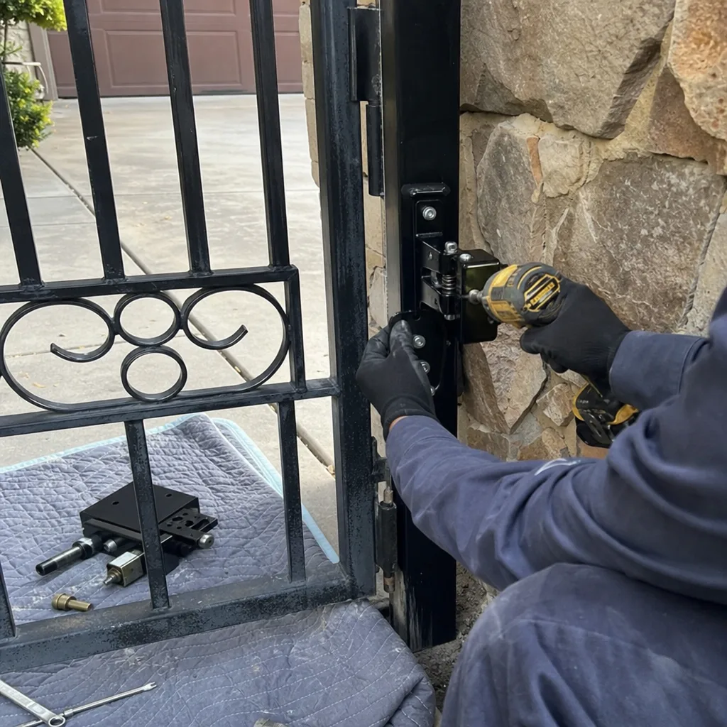 Professional technician performing metal gate repair and latch installation