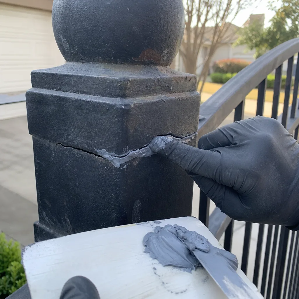 Professional repairing a crack in a black metal gate post